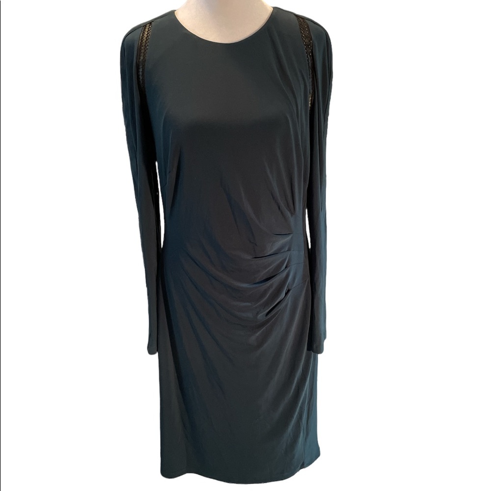 Ralph Lauren Forest Green Midi Dress Long Sleeve Ruched Size 14